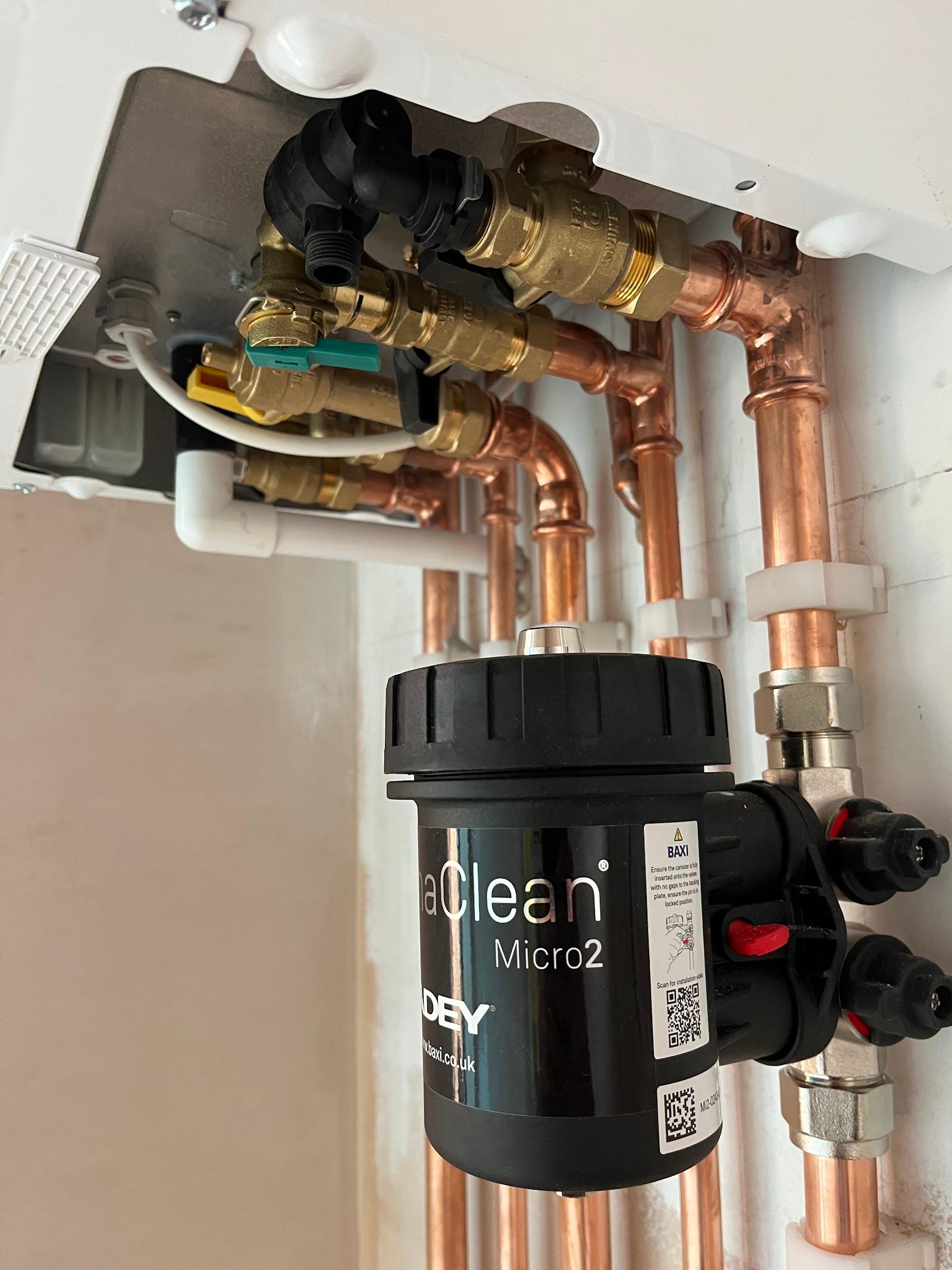 A magnetic system filter and isolation valves on new copper pipework
